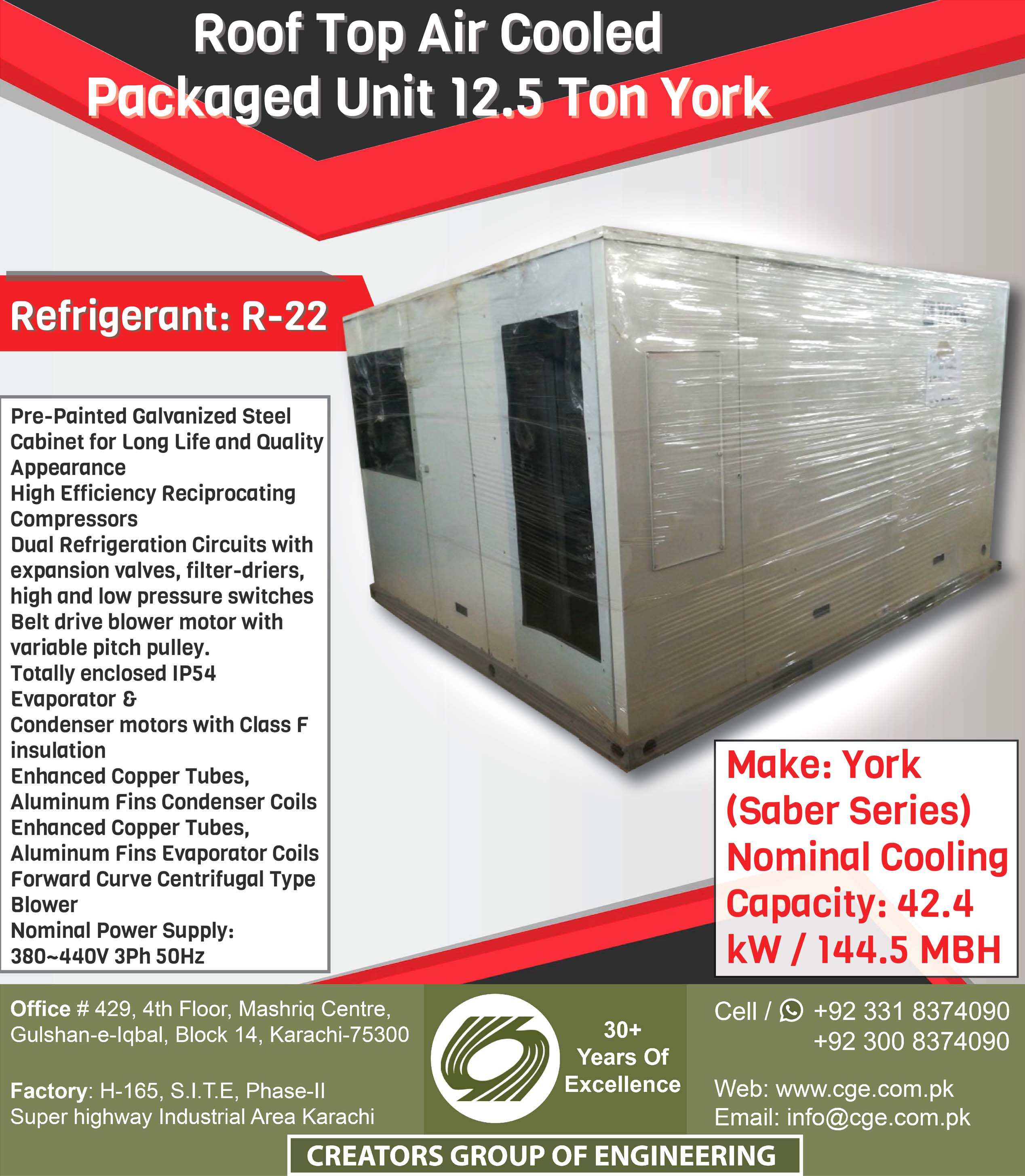 Roof Top Air Cooled Packaged Air Conditioner 12.5 Ton York